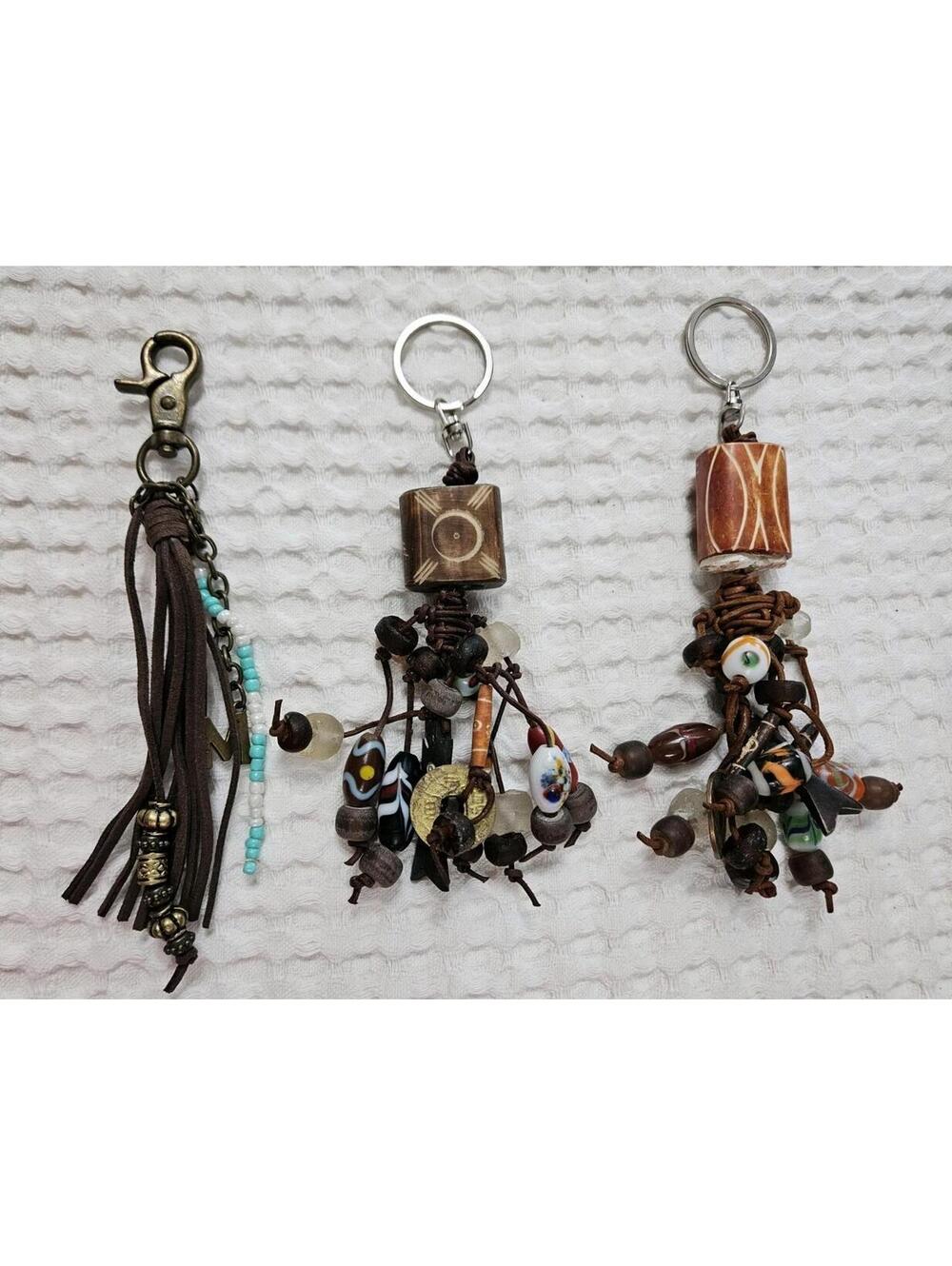 Lot Of 3 Bohemian Keychains Handmade Key Ring Leather Glass Beads Boho UNIQUE
